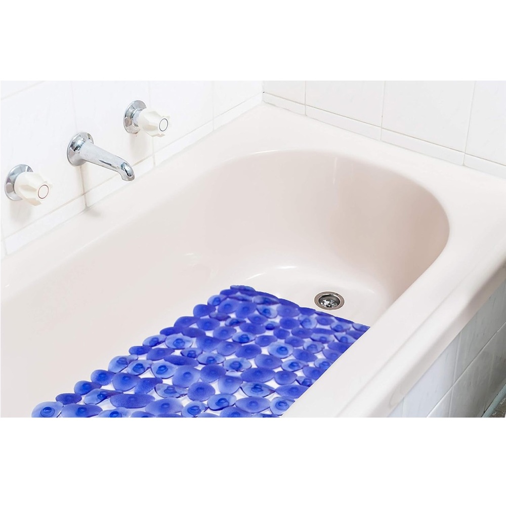 NEW Non Slip Bath Mat Blue Glass Pebble like Suction Rubber Tub Mat 14x29 Large